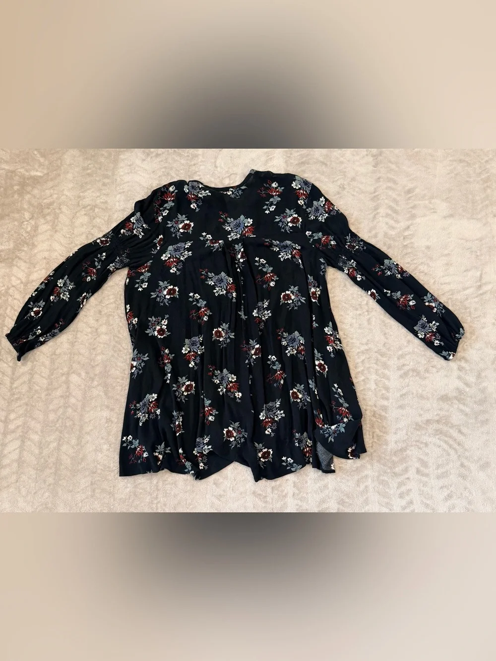 Free People Relaxed Black Floral Keyhole Boho Tunic Mini Dress Size Medium